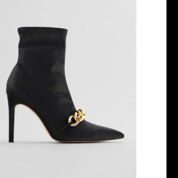 Zara Black Gold Chain Heel Ankle Boots SZ 42 /US 11 - Picture 2 of 6